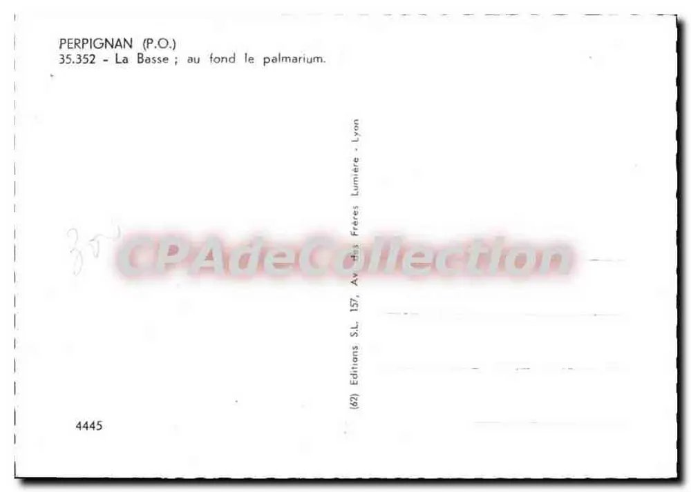 Perpignan — A Basse ; no fundo o palmarium — Edições S.L. Lyon - Verso