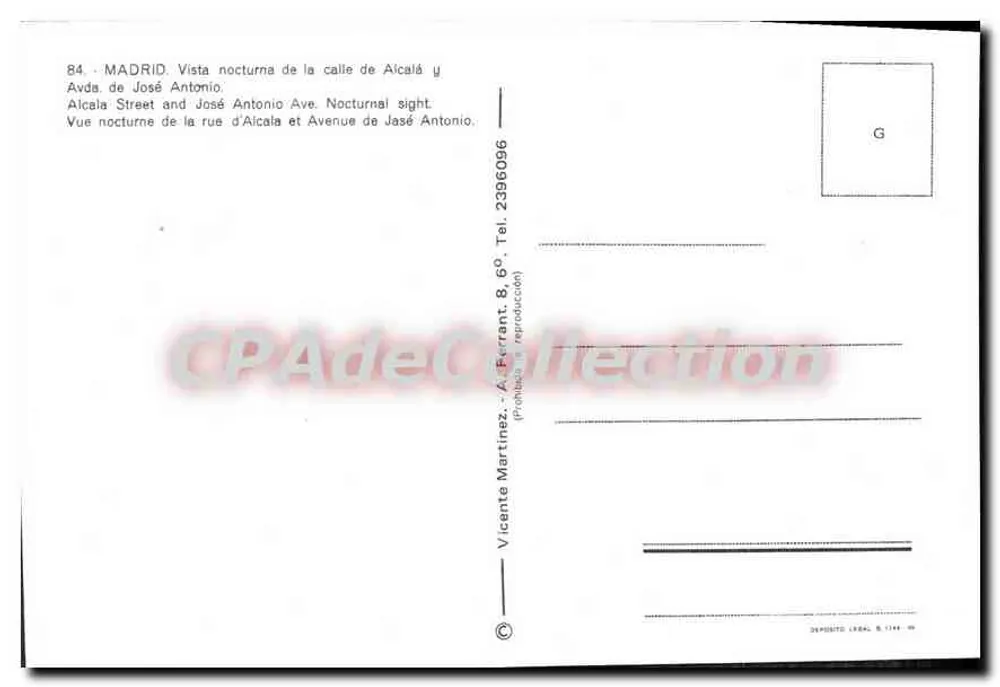 Madrid — nächtliche Ansicht der calle de Alcalá und Avenue José Antonio — Verlag Vicenté Martínez, n° 84 - Rückseite
