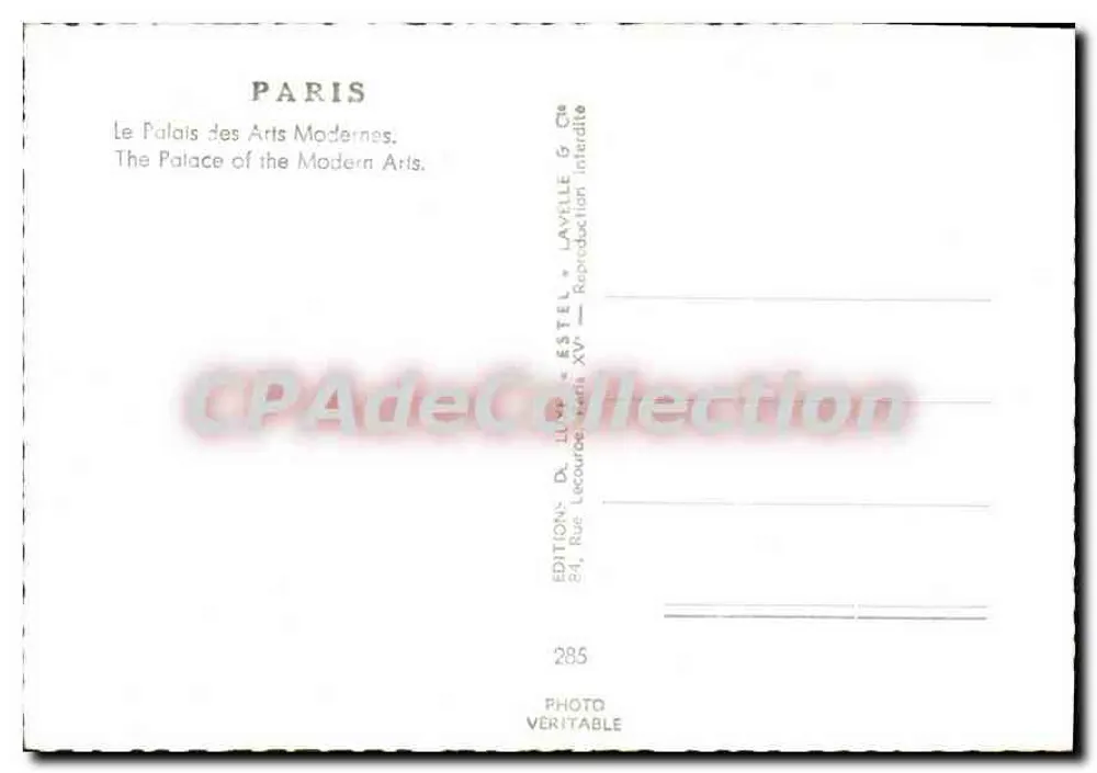 Palace of Modern Arts — Paris — Publisher Estel, no. 285 - Back