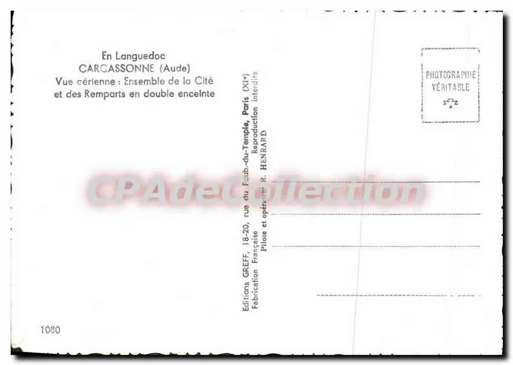 Carcassonne (Aude) — Vista ceriense : Conjunto da Cidade e dos Muros em dupla cinta — Edições GREFF, n°1080 - Verso