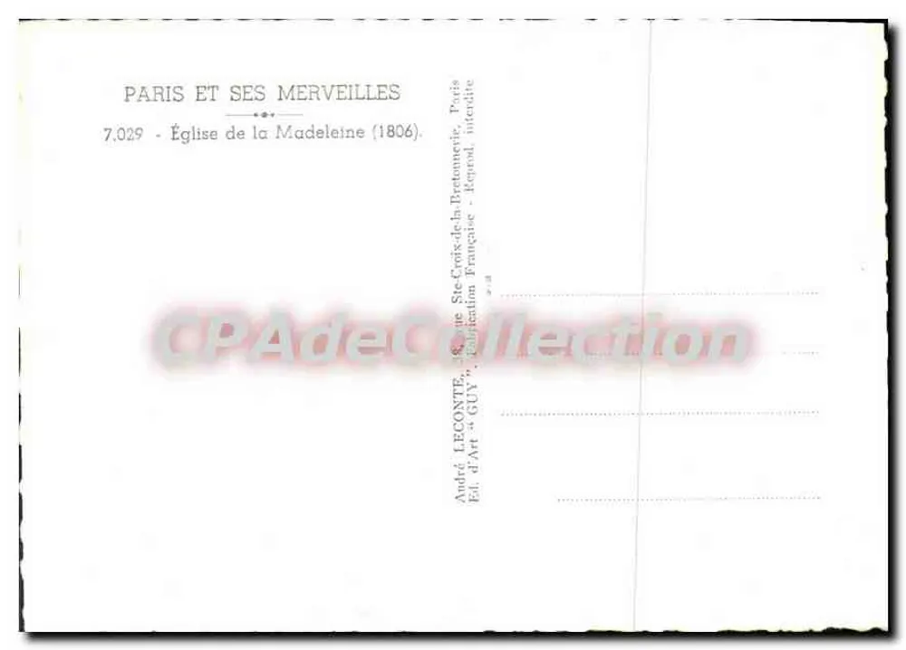 Paris et ses merveilles — Église de la Madeleine (1806) — André LECONTE, Édition Française, n° 7.029 - Verso