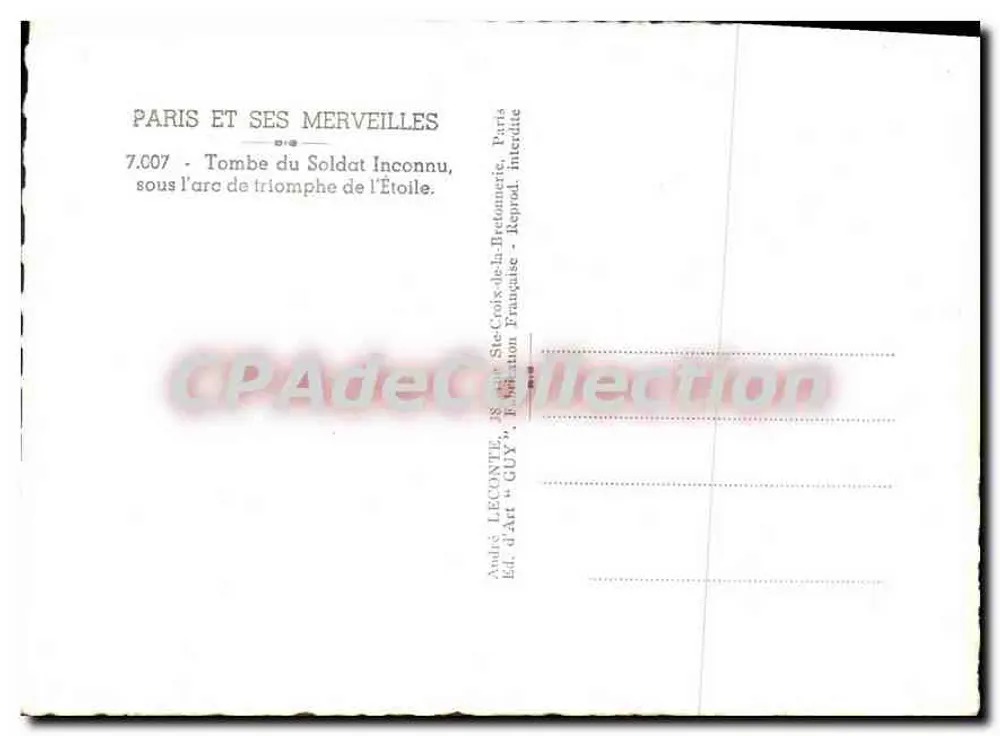 Grab des Unbekannten Soldaten — Arc de Triomphe — Paris — Verleger GUY - Rückseite