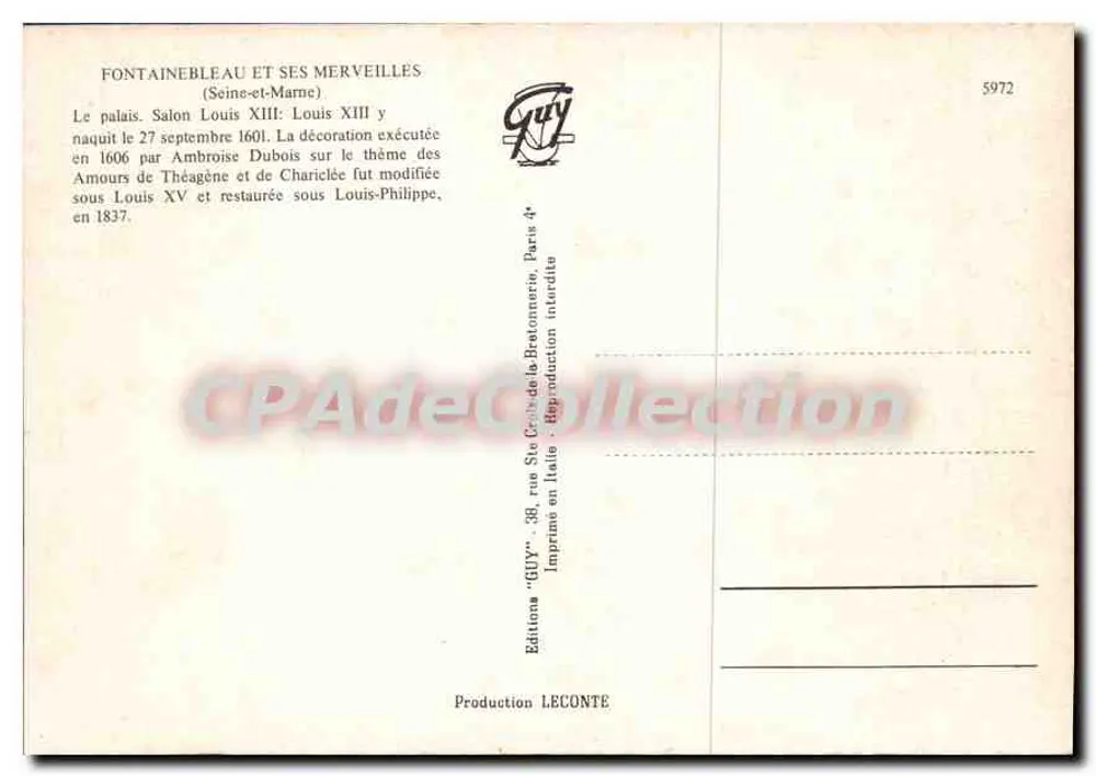 Fontainebleau - Salão Luís XIII — Editor GUY, n° 5972 - Verso