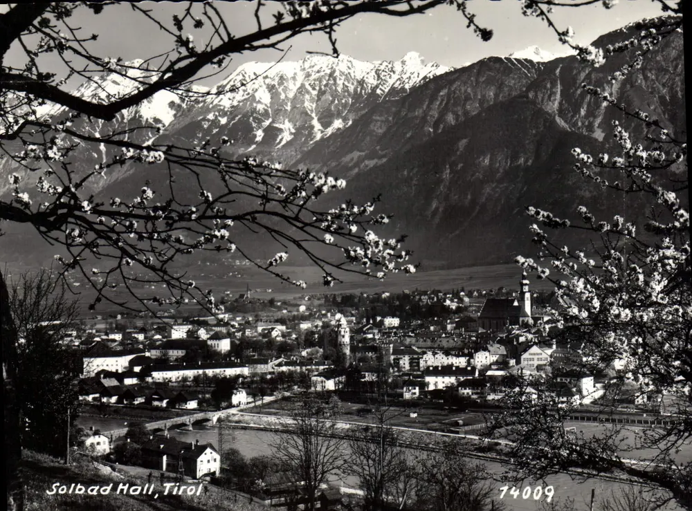 Solbad Hall, Tirol — vue panoramique avec montagnes enneigées — éditeur inconnu, n° 74009 - Recto