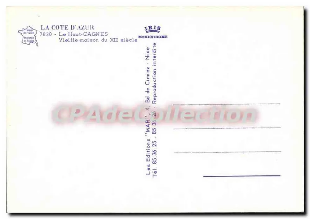 Le Haut-Cagnes — Velha casa do século XII — As Edições 'MAR' - 7830 - Nice - Verso