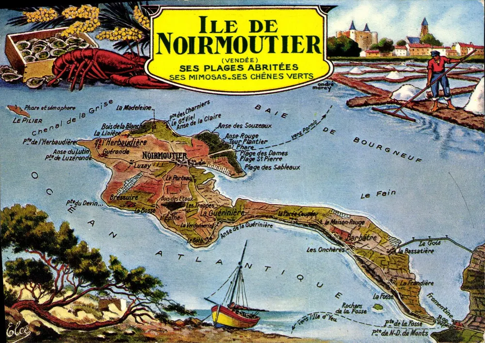 Île de Noirmoutier — carte illustrée avec phare, baie et paysages — Éditeur: Élécécélan - Frente