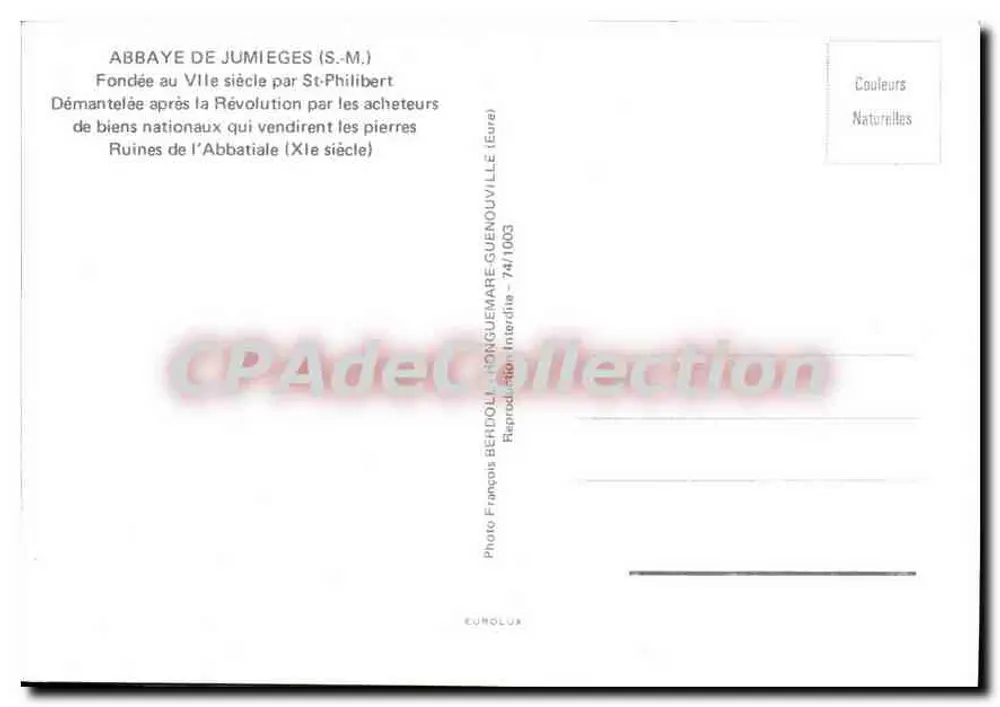 Abtei von Jumièges — Ruinen der Türme und Gebäude — Verleger BERDOLLI - NONGUEMARE-GUENOUVILLE - Rückseite