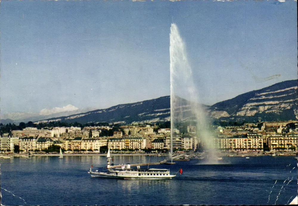 Ginebra — La Fuente del Jet d'Eau y el Monte Blano — Ediciones Iris Mexichrome - Anverso