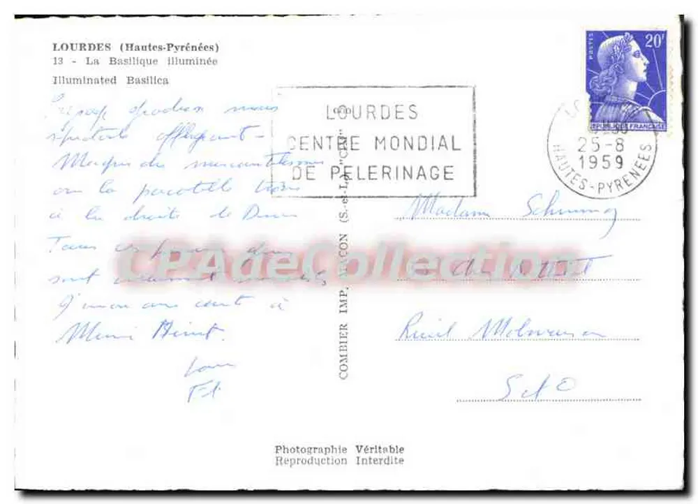 Lourdes (Hautes-Pyrénées) — Nhà thờ Basilique được thắp sáng — Combiér Imp. LACON - Mặt sau