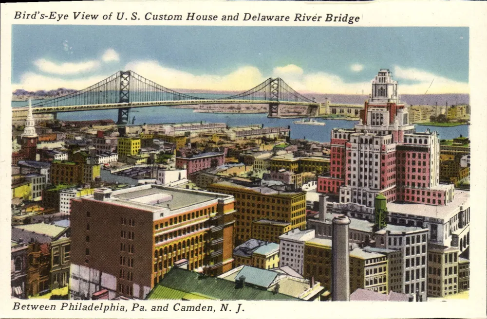 Luftbild des amerikanischen Zollgebäudes und der Delaware-Brücke — zwischen Philadelphia, Pennsylvania, und Camden, New Jersey - Vorderseite