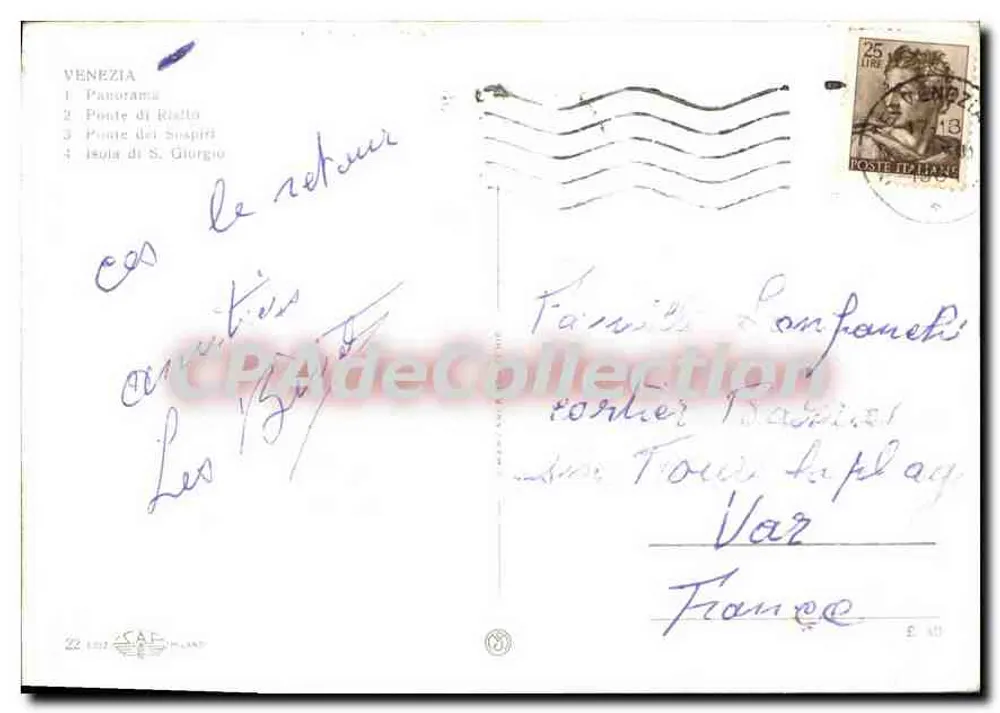 Veneza — Panorama com o Ponte di Rialto, o Ponte dei Sospiri e a Ilha de S. Giorgio — Bilhete postal antigo de Collection - Verso