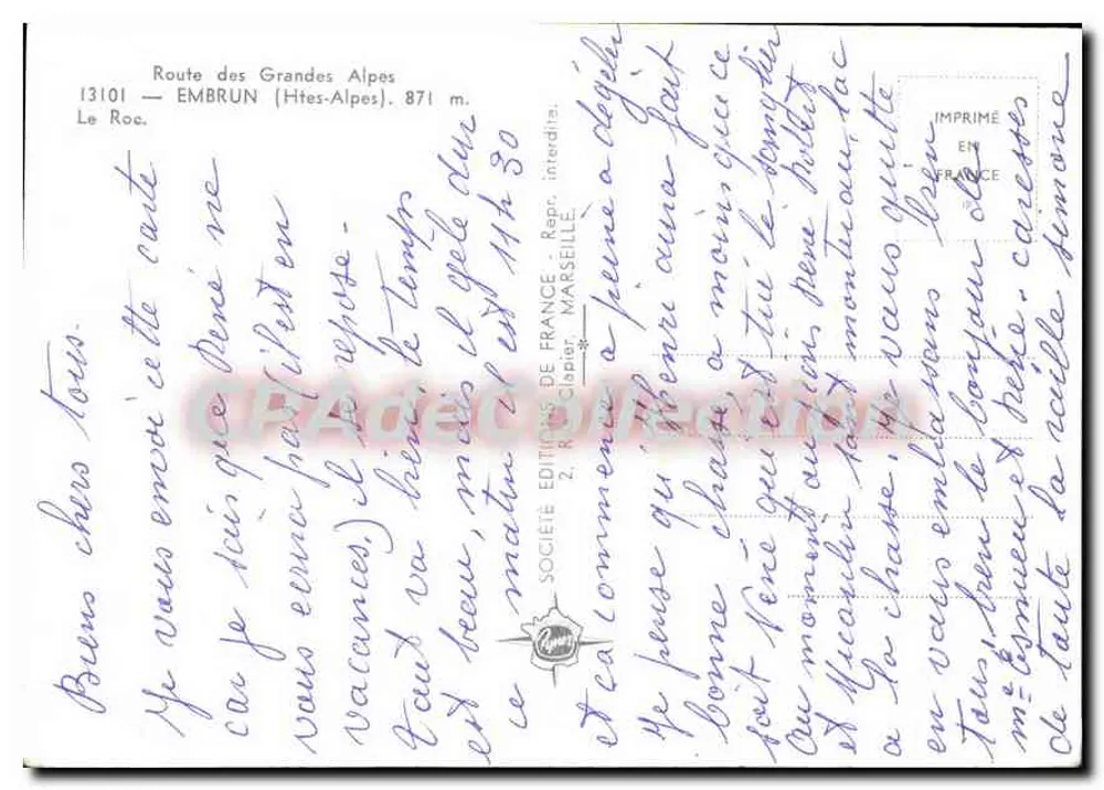 Embrun — Route des Grandes Alpes — Éditions de France, Marseille - Verso