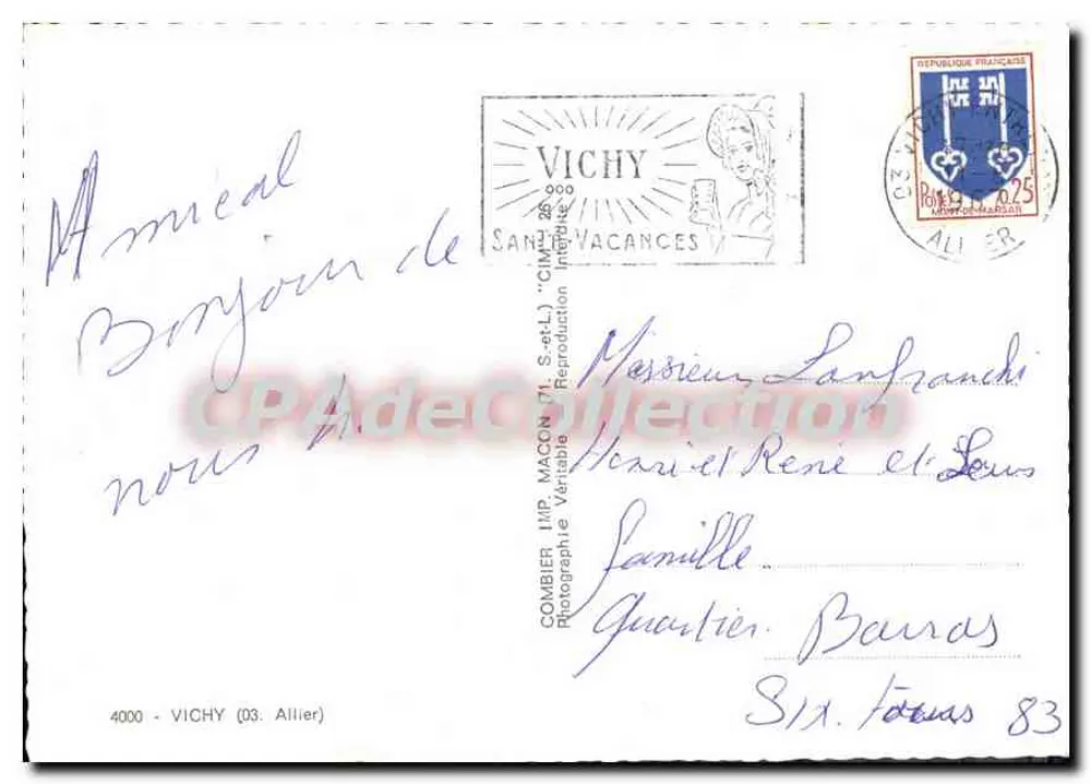 Vichy — Grand Casino et sites touristiques — CPA Comblier - Verso