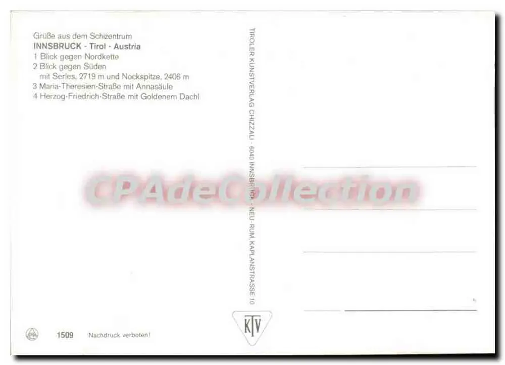 Innsbruck — Alpenstadt — Tiroler Kunstverlag Chizzaau, n° 1509 - Rückseite