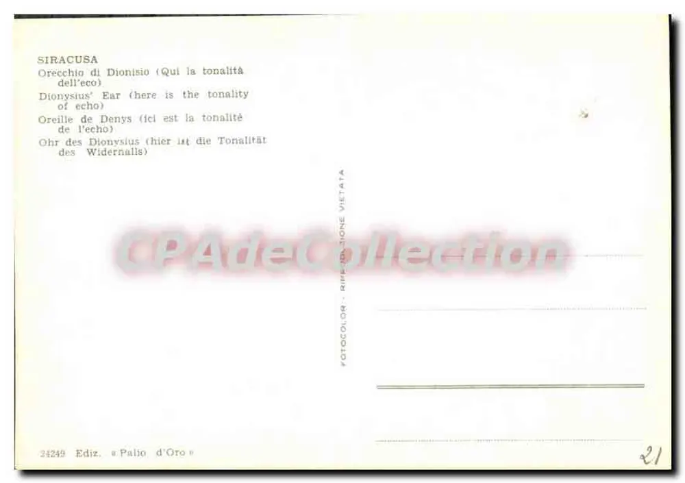 Siracusa — Orelhão de Dionísio — Editor Palio d'Oro, n° 24249 - Verso