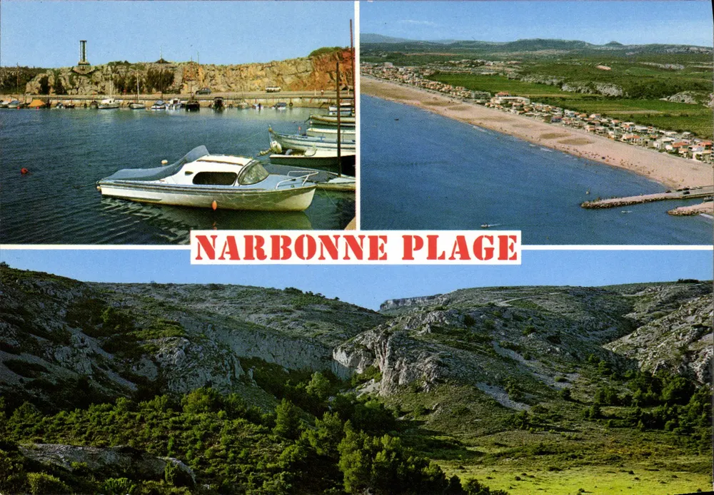 Narbonne Plage — widok z portu, plaży i maswu Clape — Spółka Karty Pocztowe APA-POUX - ALBI - Awers