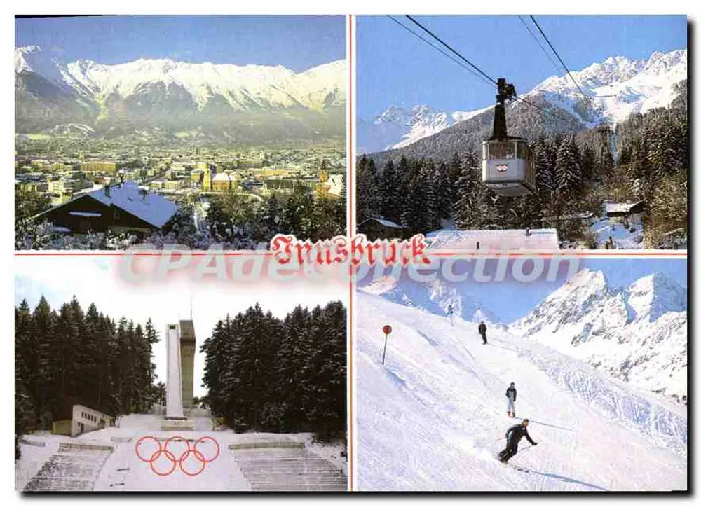 Innsbruck — Panoramablick, Seilbahn, Sprungtürmchen und Skifahrer — H. Purner, Nr. 128 - Vorderseite