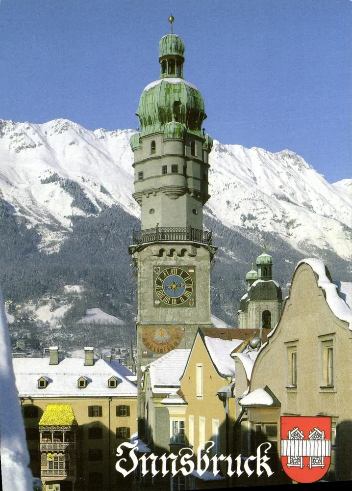 Innsbruck — Stadtturm und schneebedeckte Berge — Trojler Kunstverlag - Vorderseite