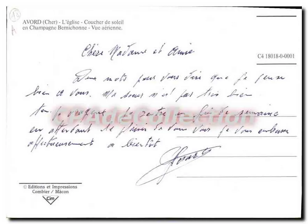 Avord — Kirche, Sonnenuntergang, Luftbild — Editions et Impressions Combier / Mâcon, Serie C4 18018-0-0001 - Rückseite