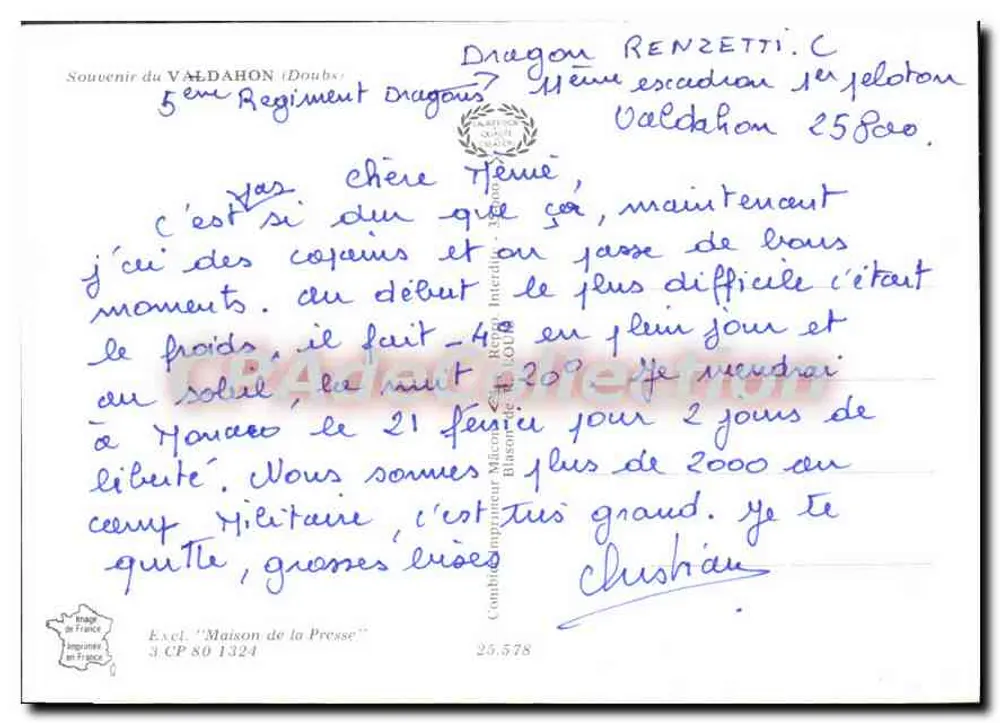 Le Valdahon — Vista aérea e rua — editor 'Maison de la Presse' n° 3.CP 80 1324 - Verso