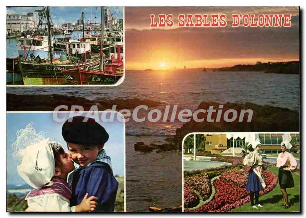 Les Sables d'Olonne — vista do porto, pôr do sol, crianças e flores — CPAdeCollection - Frente