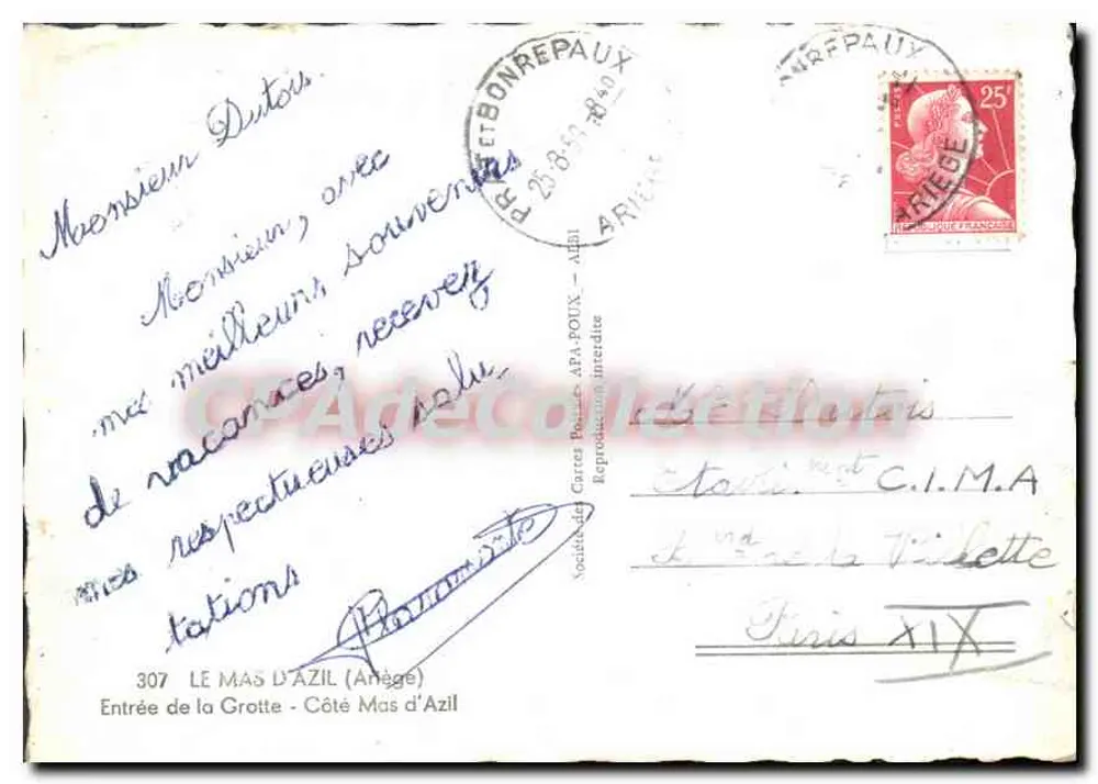 Eingang zur Höhle — Côte d'Azil — Société des Cartes Postales APA — n°307 - Rückseite