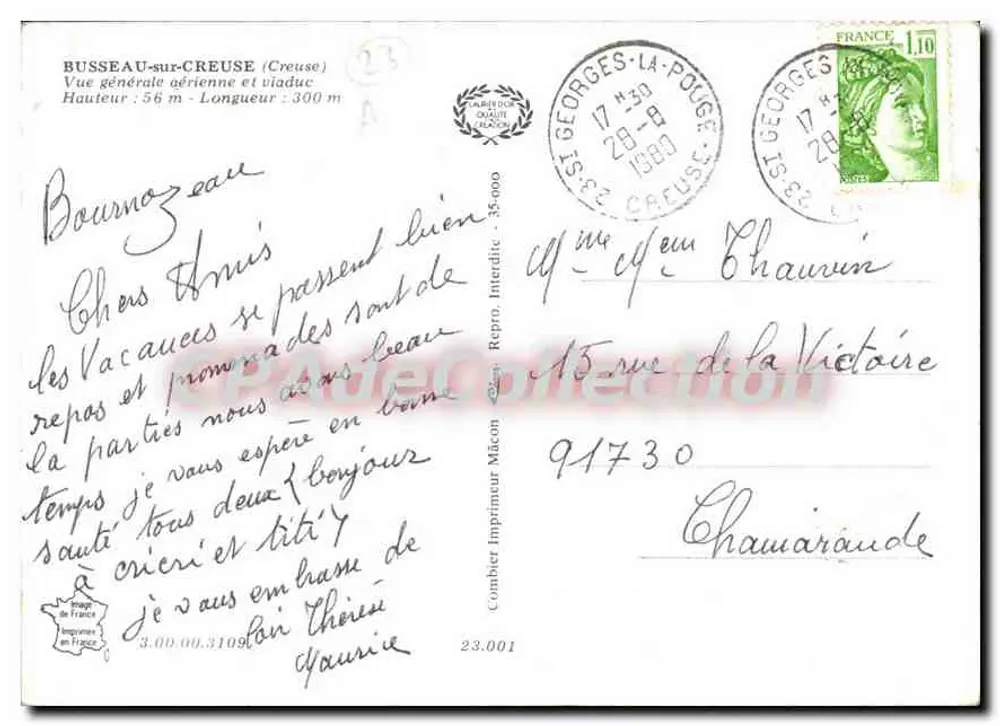 Busseau-sur-Creuse — Luftbild des Viadukts — Verleger Cing - Rückseite