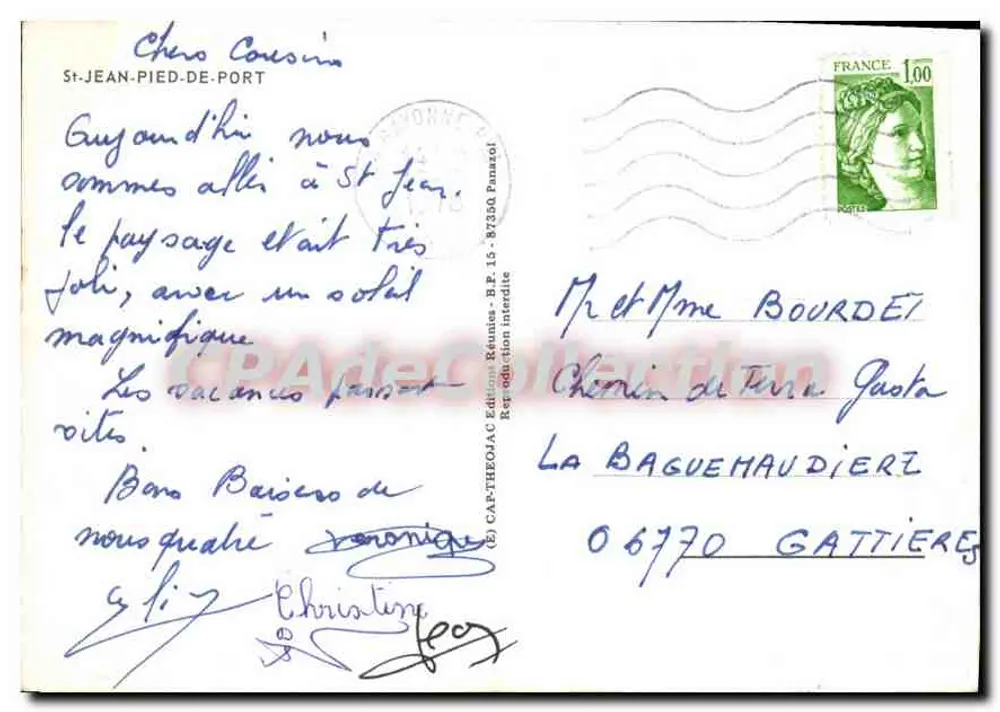 St Jean Pied de Port — tổng quan với sông Nive, thành lũy, nhà thờ và cầu Eyheraberry — Éditions Réunies Panasof - Mặt sau