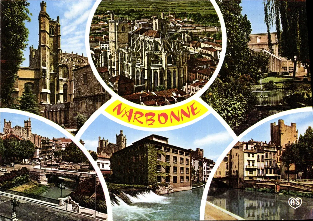 NARBONNE — vue panoramique avec cathédrale, ponts et rive de la Robine — éditeur AS - Vorderseite