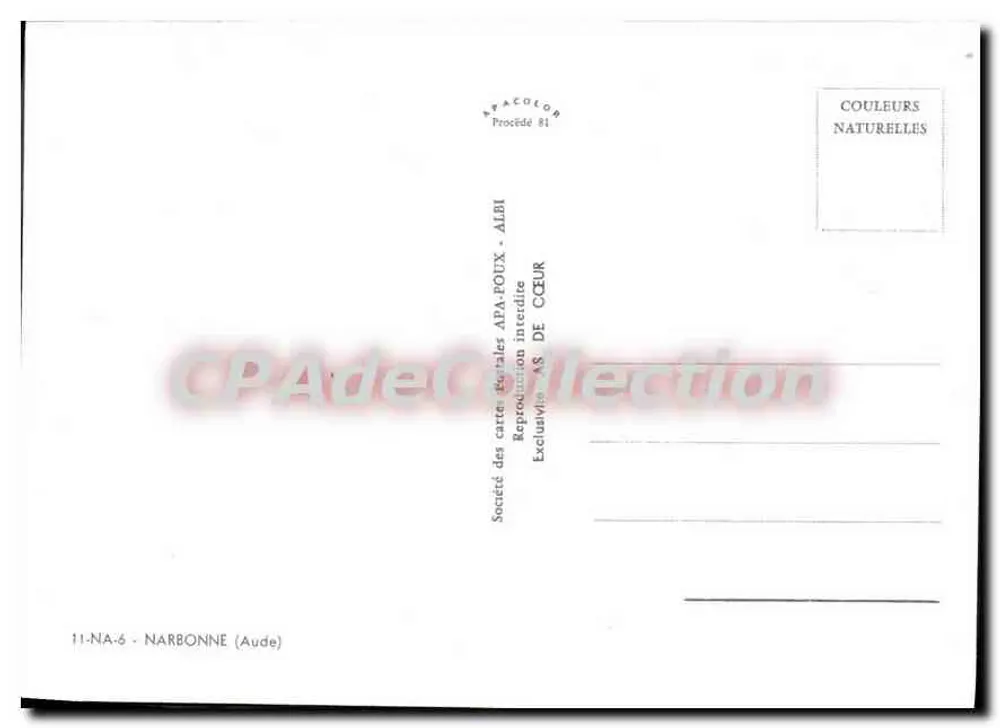 NARBONNE — widok z powietrza, katedra, ogród i kanał — Société des cartes postales APA-POUX - ALBI - Rewers