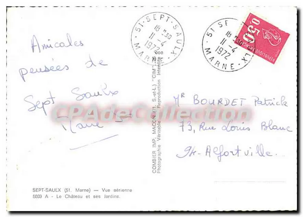 Sept-Saulx (51. Marne) — Luftansicht des Schlosses und seiner Gärten — COMBIER IMP. MACON (51. S.-et-L.) - Rückseite