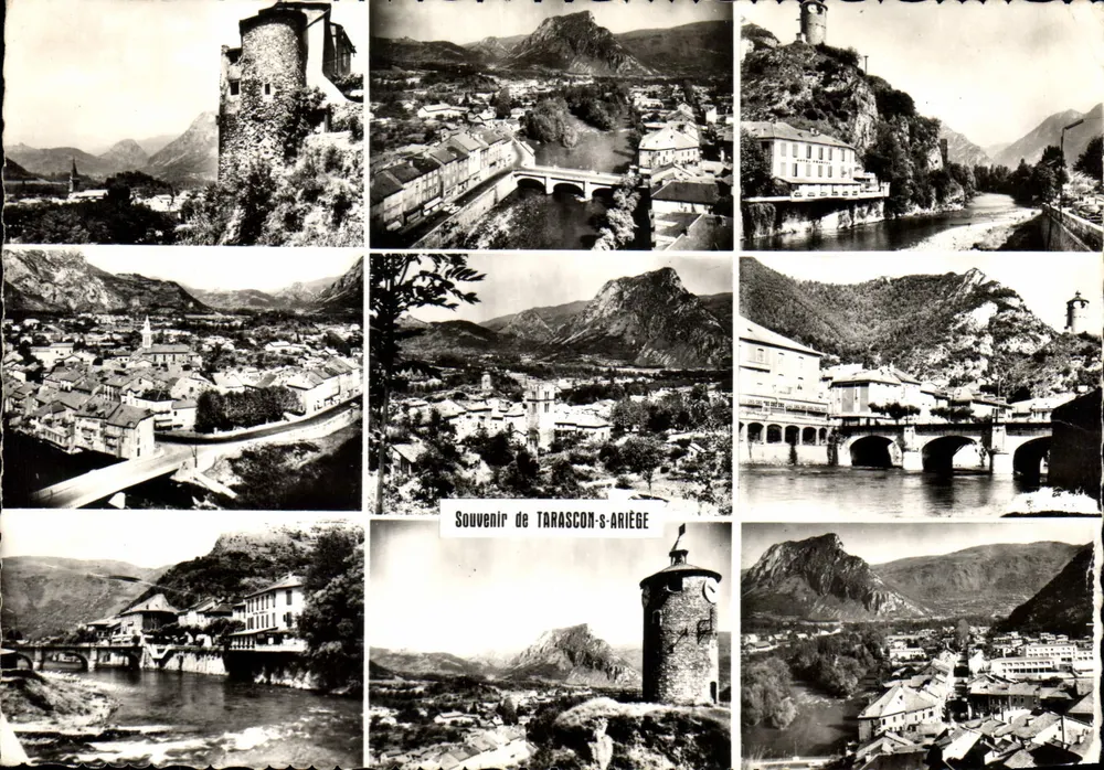 Tarascon-sur-Ariège — vista geral, castelo, ponte, montanhas — Sté das Cartas Postais APA - POUX - Frente