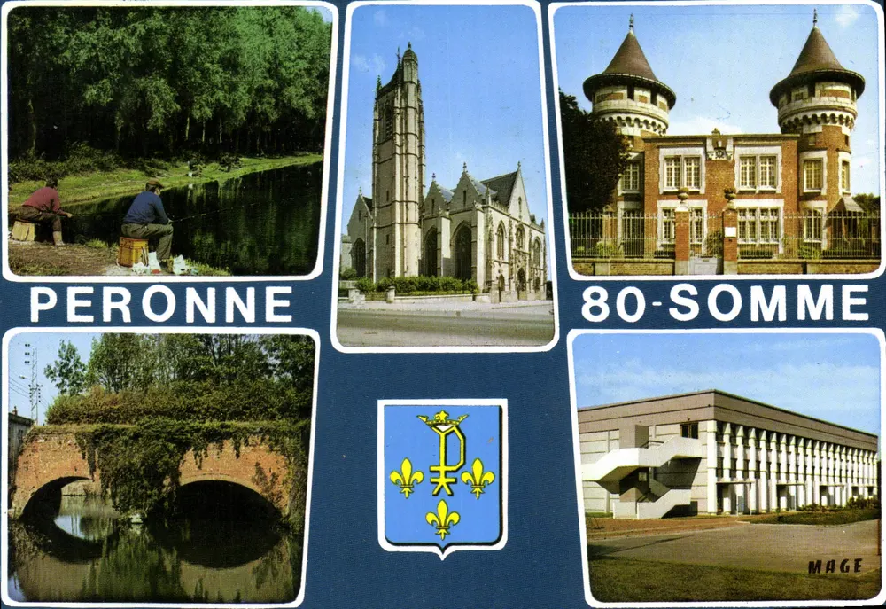 Peronne — vue panoramique avec pêcheur, église, château, pont et salle des sports — éditeur MAGE - Recto