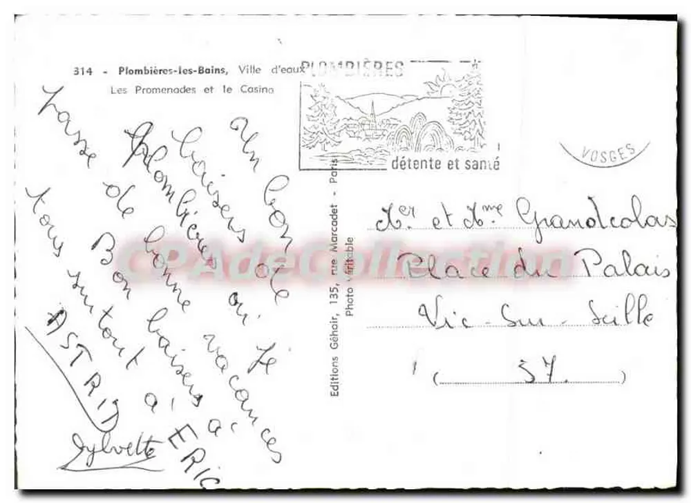 Plombières-les-Bains — Les Promenades et le Casino — Éditions Géhoir, n°314 - Verso