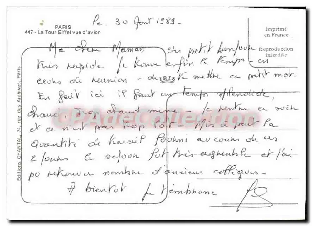 Paris — La Tour Eiffel vue d'avion — Éditions Chantal, n°447 - Verso