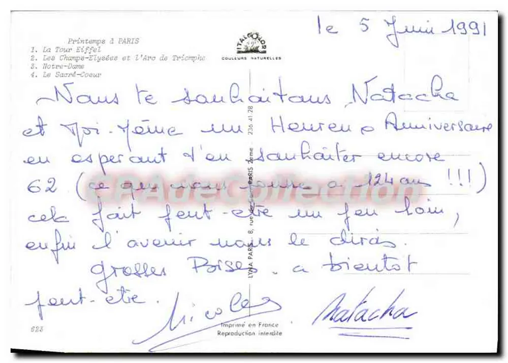 Frühling in Paris — Collage der Eiffelturm, Champs-Élysées, Notre-Dame und Sacré-Cœur — Verlag: COULEURS NATURELLES - Rückseite