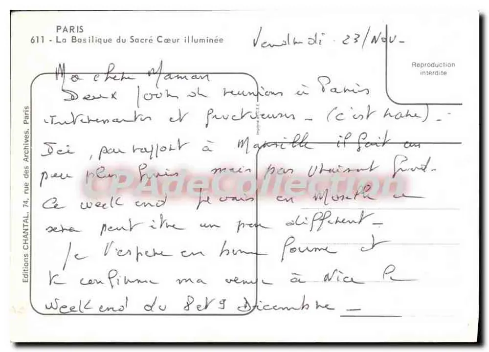París — La Basílica del Sagrado Corazón — Ediciones CHANTAL, París, n°611 - Reverso