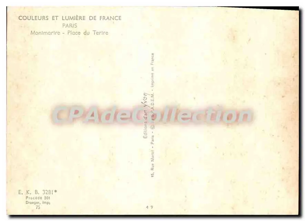 Montmartre - Place du Tertre — vue de la rue avec le Sacré-Cœur en arrière-plan — Éditions Draeger, n° 3281 - Rewers