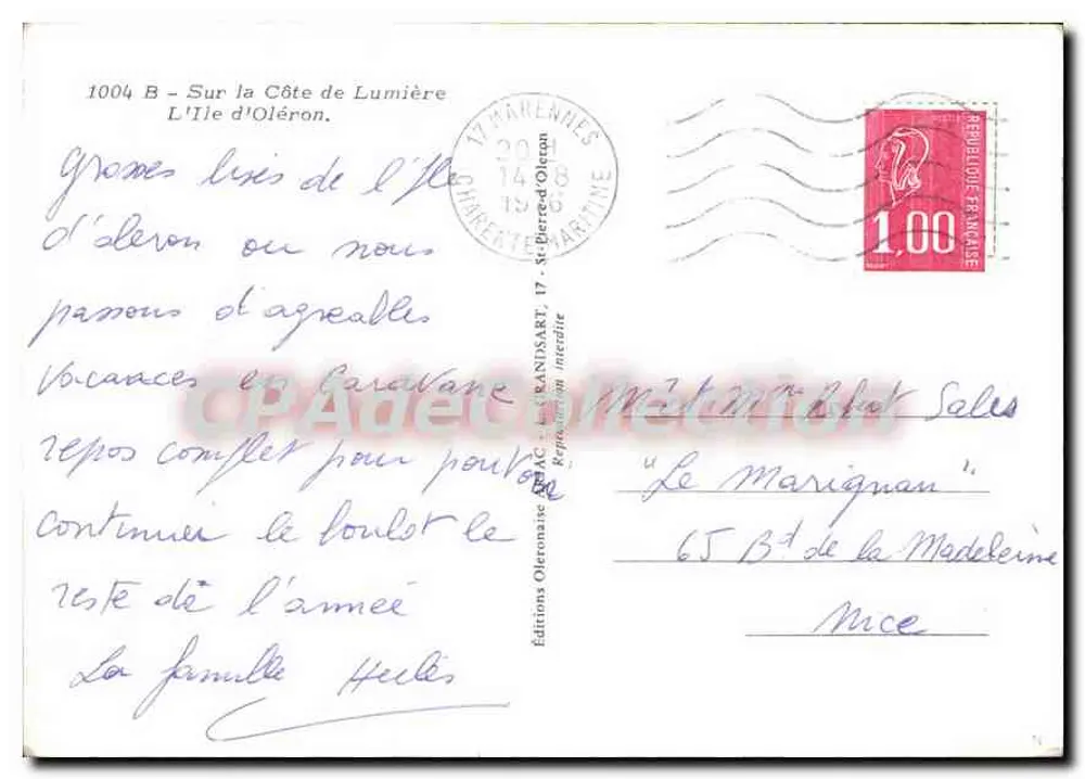 Ilha de Oléron — Carta postal ilustrada — Edições ARJAC, n°1004 B - Verso