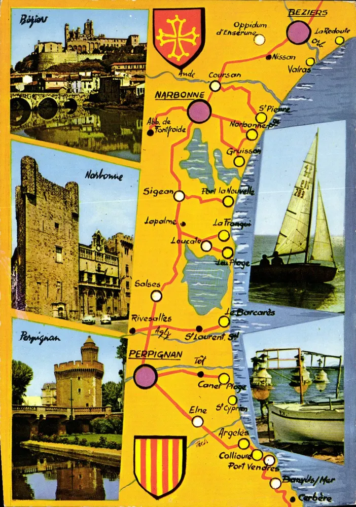 Carta postal turística da Costa Mediterrânea — Narbonne, Perpignan, Béziers — editada pela Sociedade das Cartas Postais A.P.A.-POUX - Frente