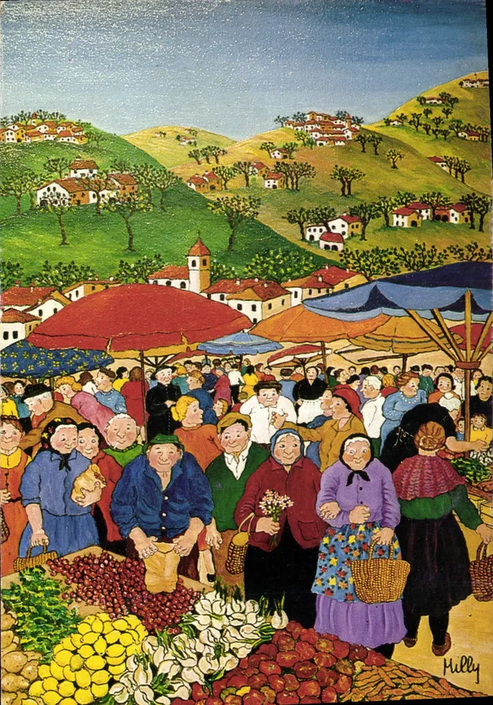 Mercado animado — paisagem de colinas — Milly - Frente