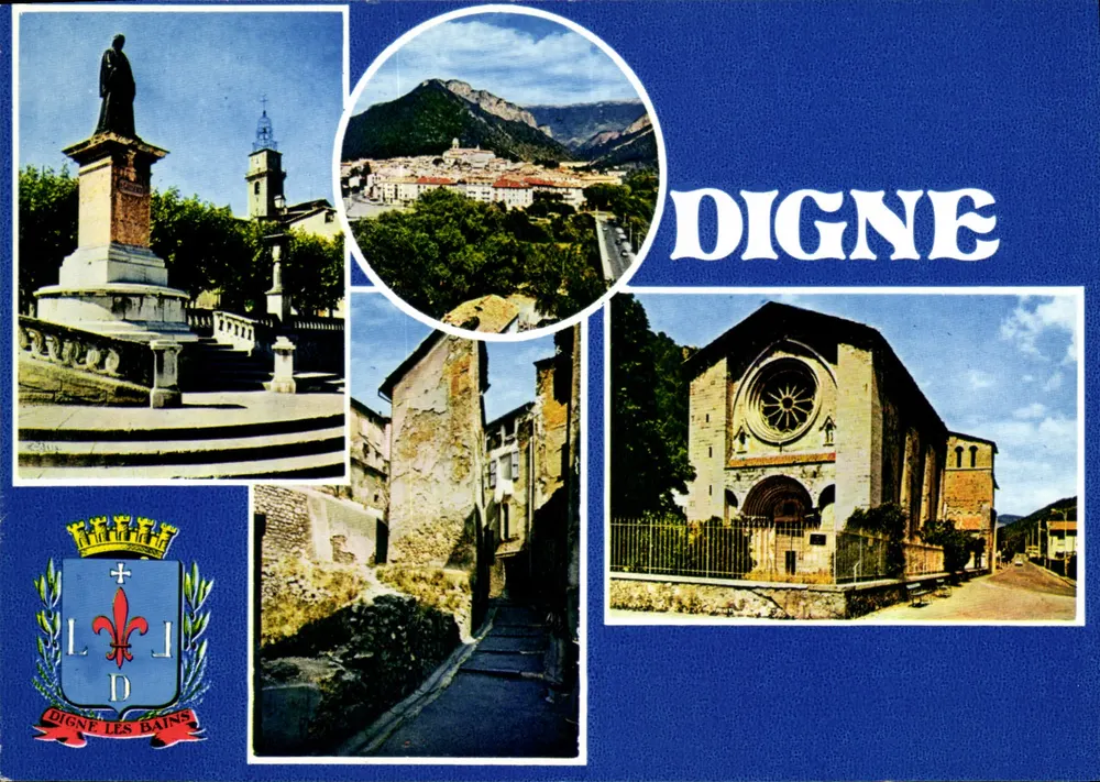 Digne — vista panorâmica, estátua, igreja e rua — Digne-les-Bains, editor Combier - Frente