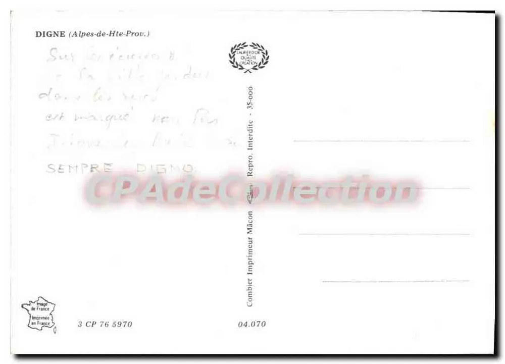 Digne — vista panorâmica, estátua, igreja e rua — Digne-les-Bains, editor Combier - Verso