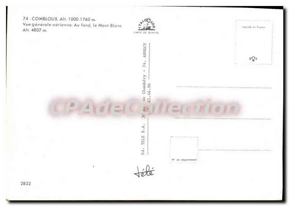 Combloux — allgemeine Luftaufnahme. Im Hintergrund der Mont-Blanc — Verlag TELE S.A. - 74 - Annecy - Rückseite