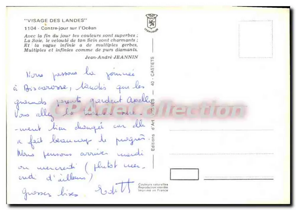 Vignes — Rosto das Landas — Edições d'Art Vignes, n°1104 - Verso