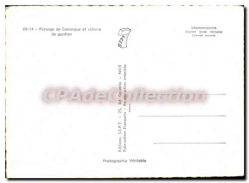 Paisagem da Camargue e cabana do guardião — Edições S.E.P.T. — N° 69-14 - Verso