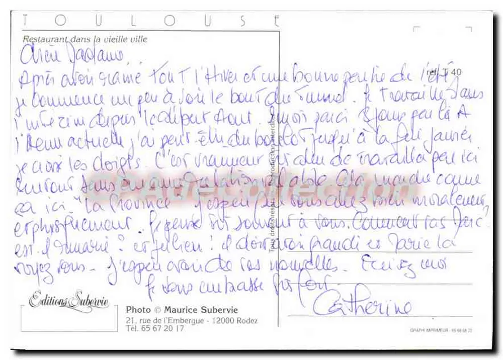 Toulouse — Restaurant dans la vieille ville — Éditions Subervie, ref. T 40 - Verso