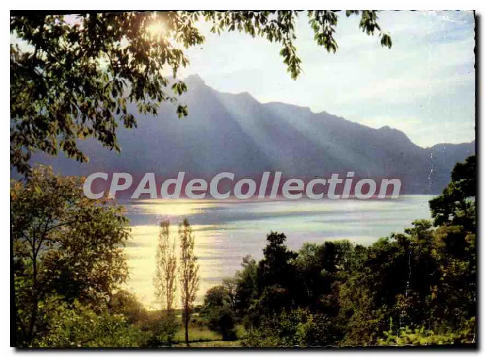 Lac du Bourget — vue crépusculaire et Dent du Chat — Éditions TELÉ, Imp. d'Amélie-les-Bains - Frente