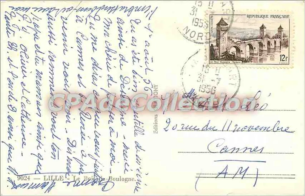 Jardín de Cannes — Vista de un kiosco con techo de paja y un camino bordeado de árboles — Ediciones Dreyfus, n°9024 - Reverso