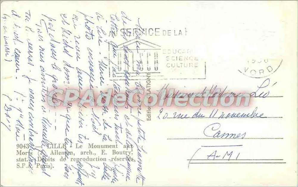 Monumento aos Soldados e Civis de Lille — Editor: Éditions de la Science et de la Culture, n° 9043 - Verso